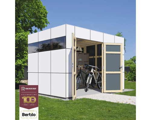 Gartenhaus Bertilo Design HPL 2 345 x 236 cm anthrazit-weiß Modernes Gartenhaus mit Fahrrädern und Regalen