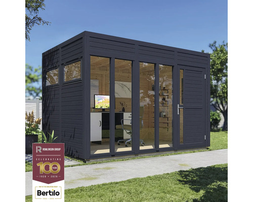 Gartenhaus Bertilo Cubo 3 Office inkl. Fußboden 336 x 240 cm anthrazit Modernes Gartenbüro aus Holz mit großen Fensterfronten und Büromöbeln