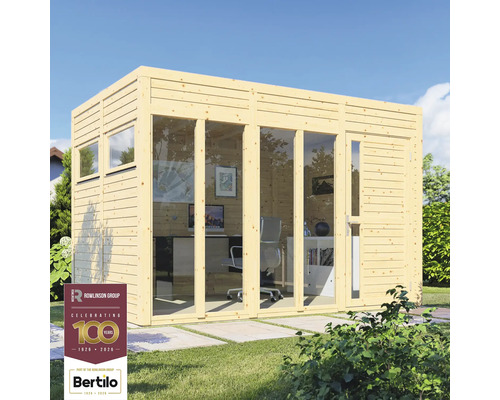 Gartenhaus Bertilo Cubo 3 Office inkl. Fußboden 336 x 240 cm natur Modernes Gartenbüro aus Holz mit Glasfront und Büromöbeln