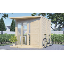 Holzgartenhaus mit Fahrrad im Garten