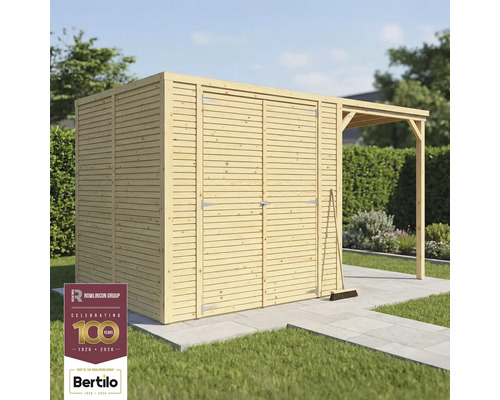 Gartenhaus Bertilo Cubico 3 Plus Fineline Rhombusprofil 373 x 211 cm natur Gartenhaus mit Vordach und Besen