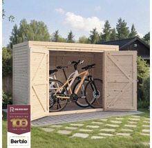Fahrradschuppen aus Holz mit zwei Fahrrädern und geöffneten Türen im Garten