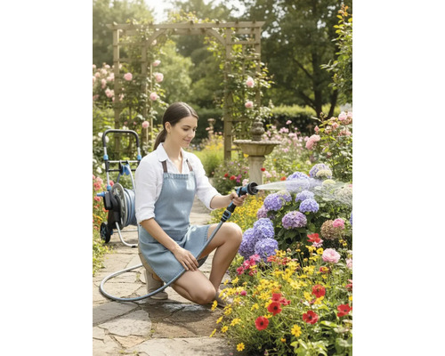 Frau bewässert Blumen mit einer Gartenspritze in einem blühenden Garten.