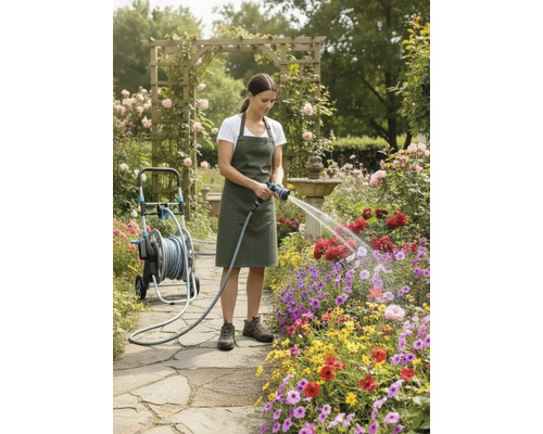 Frau bewässert Blumen mit einem Gartenschlauch neben einem Schlauchwagen in einem Blumengarten.