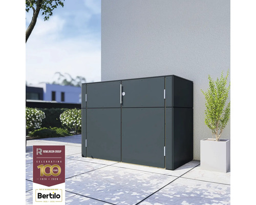 Gartenschrank Bertilo HPL Sideboard 155 x 75 x 116 cm anthrazit Dunkelgrauer Geräteschrank mit zwei Türen für den Außenbereich auf einer Terrasse, mit Rowlinson Group Logo