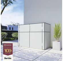 Abfallbox für den Außenbereich auf einer Terrasse, mit einer Pflanze daneben