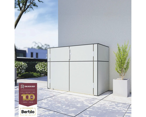 Gartenschrank Bertilo HPL Sideboard 155 x 75 x 116 cm weiß Abfallbox für den Außenbereich auf einer Terrasse, mit einer Pflanze daneben