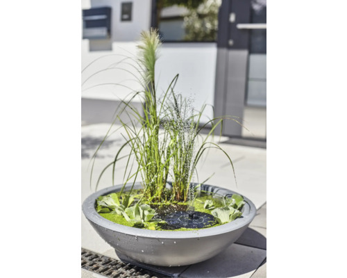 Gartenteich mit Fontäne und Bepflanzung in einem grauen Pflanzgefäß