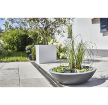 Gartenszene mit einem runden Pflanzgefäß mit Wasserspiel, umgeben von Grünpflanzen und einem Entwässerungsgraben.