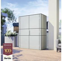 Außenaufnahme eines Gartenschranks mit mehreren Fächern auf einer Terrasse. Rowlinson Group Logo