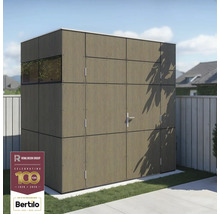 Gartenschrank aus Holz mit Fenster und Tür auf einer Rasenfläche