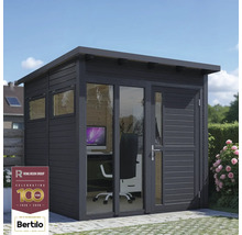 Modernes Gartenhaus mit Glasfront und Büroeinrichtung.