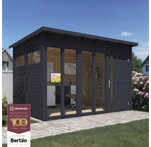 Modernes Gartenbüro mit Holzverkleidung, großen Glasfenstern und Büroeinrichtung