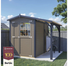 Holzgartenhaus mit Vordach und Schubkarre