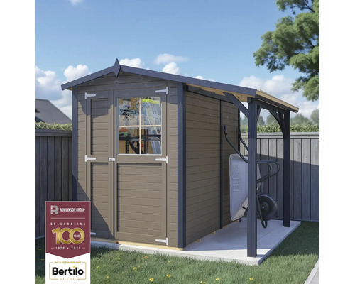 Holzgartenhaus mit Vordach und Schubkarre