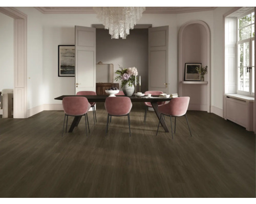 Esszimmer mit dunklem Holzboden, Tisch und Stühlen