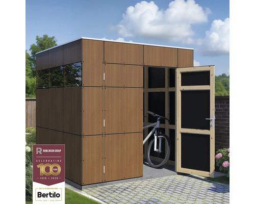 Gartenhaus Bertilo Trespa HPL Design 1 231 x 236 cm Walnuss Modernes Holzgartenhaus mit geöffneter Tür und einem Fahrrad darin