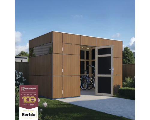 Gartenhaus Bertilo Trespa HPL Design 2 345 x 236 cm Walnuss Modernes Gartenhaus aus Holz mit geöffneter Tür und einem Fahrrad im Inneren