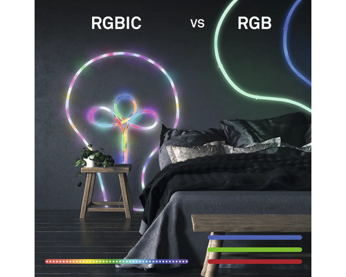 Vergleich zwischen RGBIC und RGB LED-Neon-Lichtleiste in Glühbirnenform an einer Schlafzimmerwand.