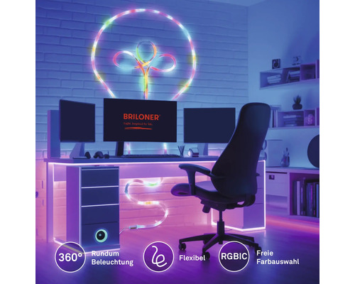 Moderner Gaming-Schreibtisch mit PC, Monitoren und Briloner LED-Streifen in Glühlampenform. 360 Grad Beleuchtung, flexibel, helle RGBIC Farbauswahl.