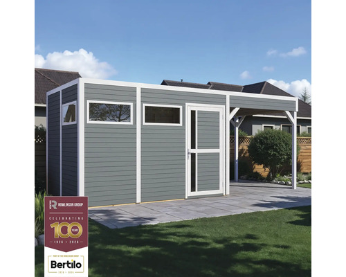 Graues Gartenhaus mit weißem Rahmen, Fenstern und einer überdachten Veranda