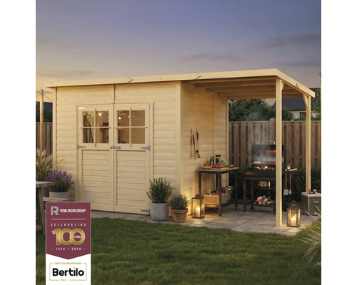 Gartenhaus mit Überdachung und Grillplatz im Garten