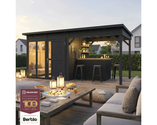 Gartenhaus mit Bar, Regalen, Beleuchtung, Tisch und Sitzgelegenheiten im Freien