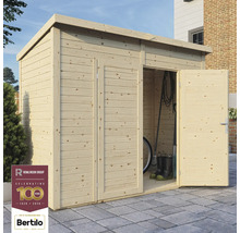 Gartenschuppen aus Holz mit geöffneter Tür