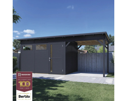 Modernes Gartenhaus mit Carport und Rowlinson Group Logo.