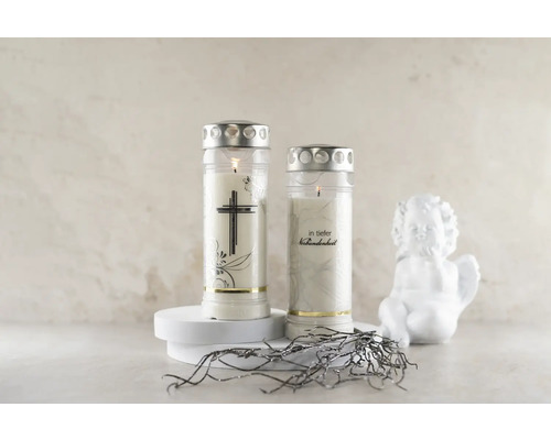 Zwei Grablichter mit Motiv und silberfarbenem Deckel