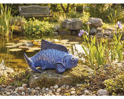 Dekofigur Fisch blau aus Keramik für den Gartenteich