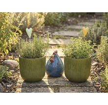 Gartenstillleben mit bepflanzten Töpfen, Herzsteckern und Dekohuhn auf einem Steinweg