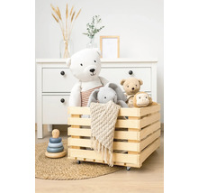 Holzkiste mit Spielzeugbären, Hase und Affe auf einem Teppich vor einer Kommode