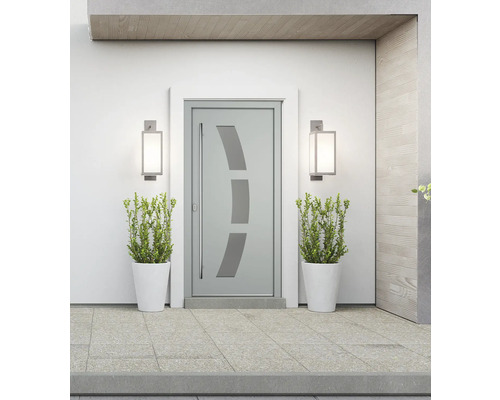 Moderne Haustür mit Glaseinsatz und zwei Aussenleuchten neben zwei Pflanzenkübeln.