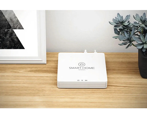 Smart Home Zentrale von Hornbach auf einem Holztisch