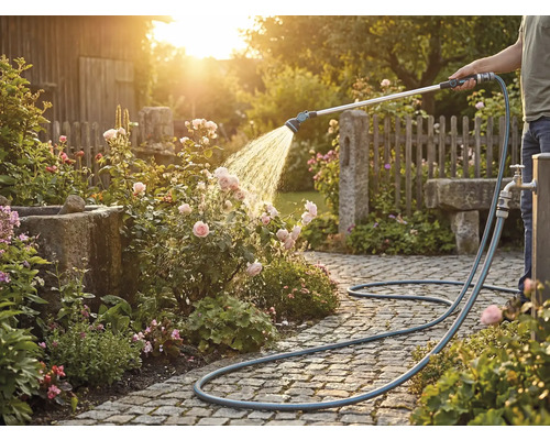 Eine Person bewässert Rosen mit einem Gartenschlauch auf einem gepflasterten Weg.