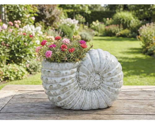 Pflanzgefäß in Form einer Schnecke mit blühenden Blumen auf einem Holztisch im Garten