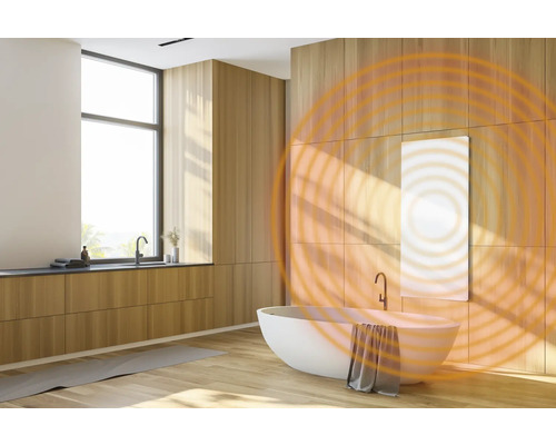 Modernes Badezimmer mit Badewanne, Waschbecken und Heizpaneel an der Wand mit Wärmewellen.