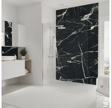 Modernes Badezimmer mit schwarzer Marmorwand, Duschkabine und Waschtisch