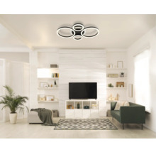 Wohnzimmer mit Deckenleuchte in Ringform, Regalen und Dekoration