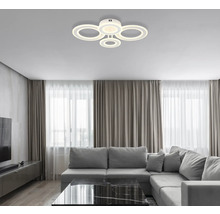 Wohnzimmer mit Deckenleuchte im Ringdesign über einer grauen Couch