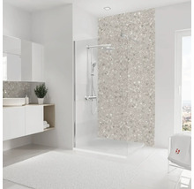 Modernes Badezimmer mit Dusche, Waschbecken und Mosaikwand
