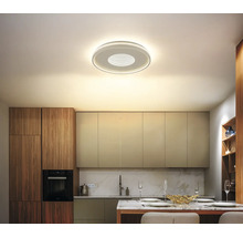 Runde Deckenleuchte in moderner Küche mit Küchenschränken und Esstisch.