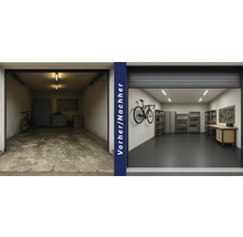 Vorher Nachher Vergleich einer Garagenrenovierung mit Garagentor, Garagenboden, Regalen, Werkbank und Fahrrädern