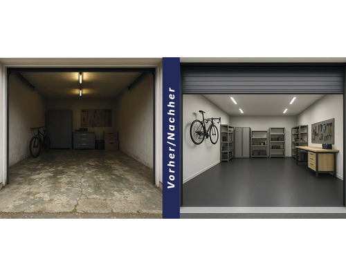 Vorher Nachher Vergleich einer Garagenrenovierung mit Garagentor, Garagenboden, Regalen, Werkbank und Fahrrädern