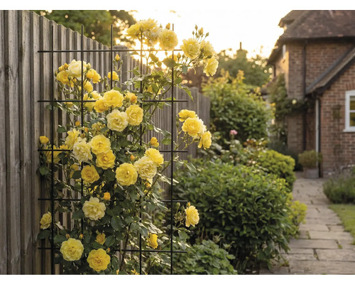 Gelbe Rosenranken an einem Metallgitter im Garten