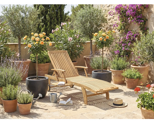 Gartenszene mit Holzliege, Pflanzen in Töpfen und dekorativen Elementen für den Außenbereich