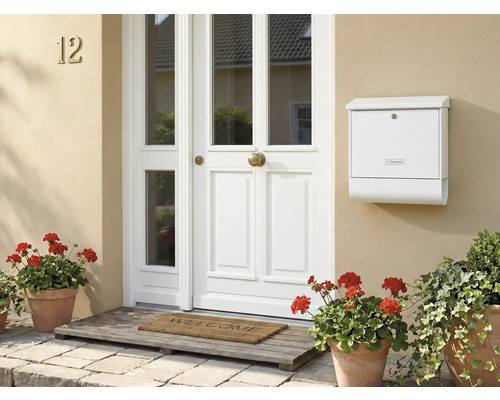 Eingangsbereich mit Haustür, Briefkasten und Blumentöpfen