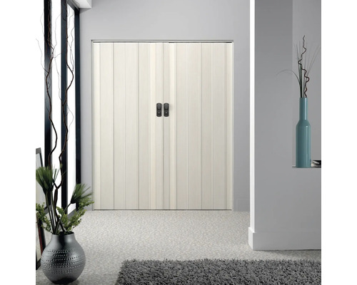 Weiße Falttür mit Griffen in einem hellen Raum.