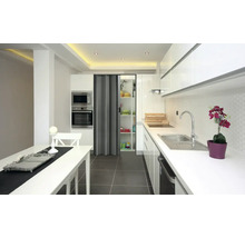 Helle Küche mit Esstisch und Küchenzeile mit Spüle und Armatur